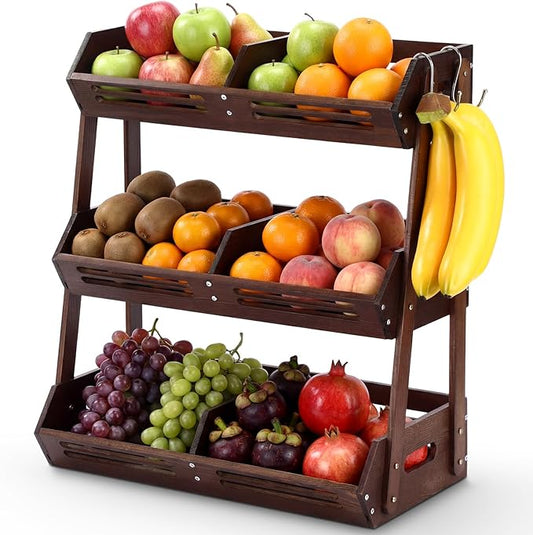 3 Tier Fruit Basket for Kitchen Counter Fruit Storage Large Wood Vegetables Basket with Banana Hooks Bowl Stand Holder Snack Organizer Countertop Onion Bread Pantry