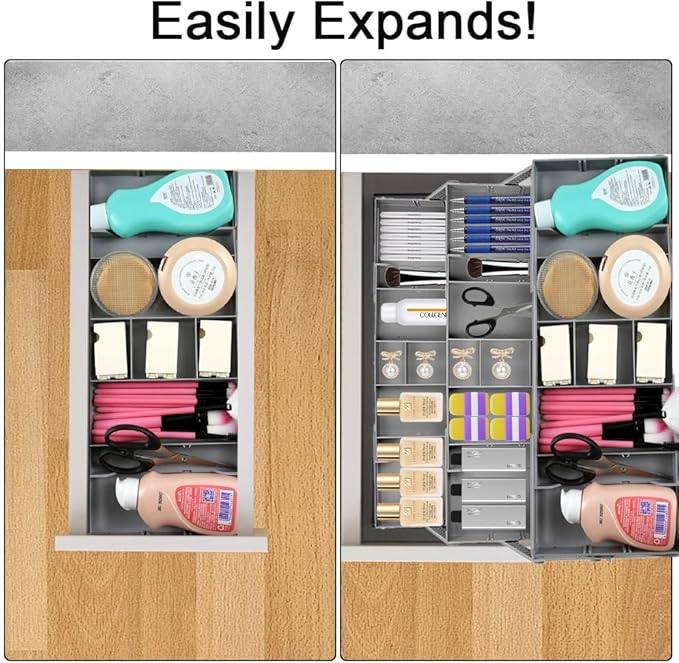 Abnaok 3 Tier Drawer Organizer Multi Level Collapsible Expandable Desk Organizer Trays for Office Supplies, Kitchen Gadgets Utensils, Vanity, Makeup, Jewelry