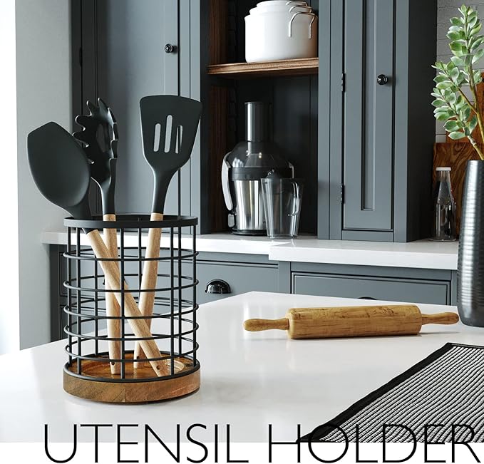 Utensil Holder for Kitchen Counter,Black Wire with Wooden Base Countertop Utensil Holder, Large Wooden Cooking Utensil Holder, Kitchen Utensil Organizer.