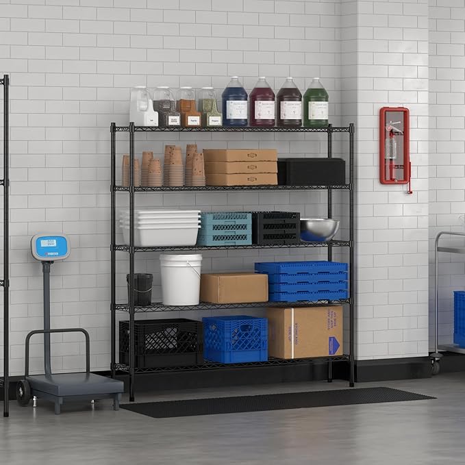 Commercial NSF Listed Black Epoxy Stationary Wire Shelving Kit 12" x 60" x 64", with 5 Shelves Perfect for Warehouse, Walk-in Refrigerator, Freezer, Grocery Store, Restaurant, Dishroom