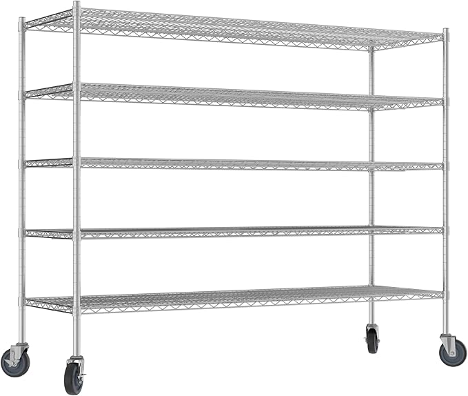 Commercial NSF Listed Chrome Mobile Wire Shelving Kit 24" x 72" x 60", with 5 Shelves Perfect for Warehouse, Walk-in Refrigerator, Freezer, Grocery Store, Restaurant, Dishroom