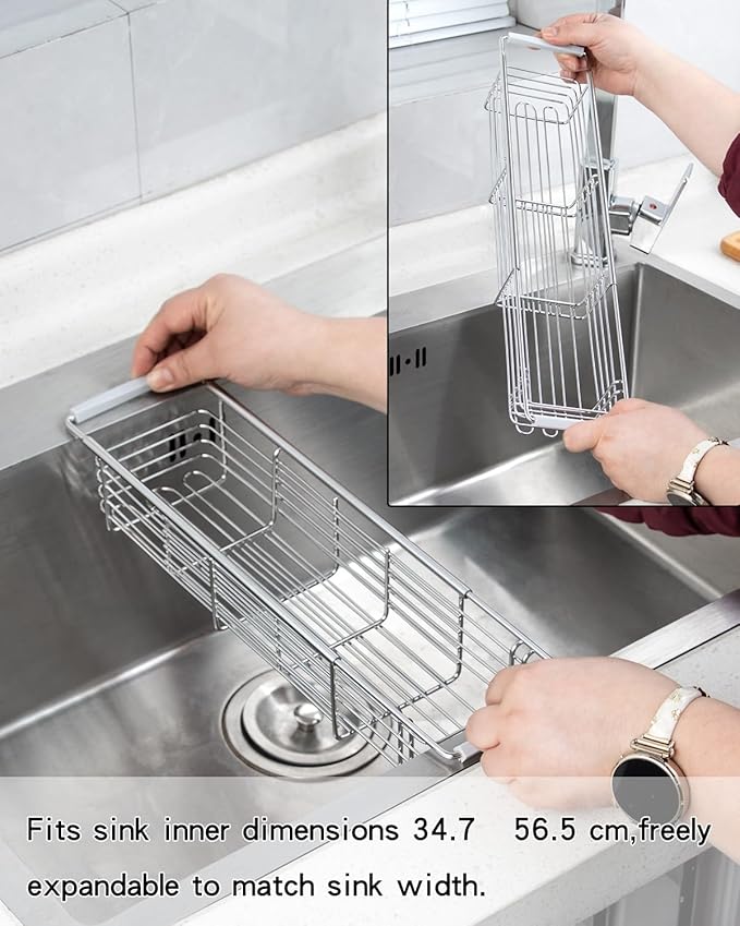 Kitchen Sink Sponge Holder, 304 Stainless Steel Expandable Drain Rack Organizer