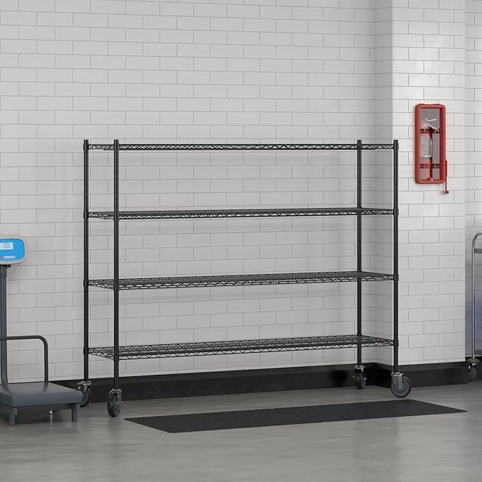 Commercial NSF Listed Black Epoxy Mobile Wire Shelving Kit 18" x 72" x 60", with 4 Shelves Perfect for Warehouse, Walk-in Refrigerator, Freezer, Grocery Store, Restaurant, Dishroom