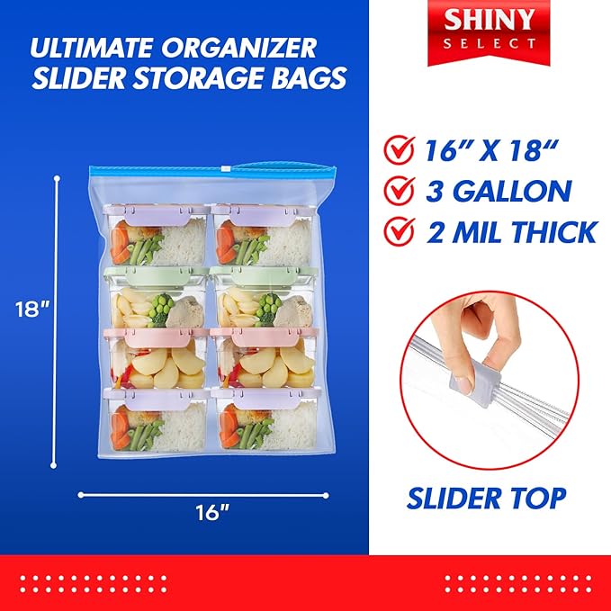 Shiny Select [ Pack of 50 3.5 Gallon Large Food Storage Bags with Reclosable Easy Open Close Slider Closure, 2 Mil Thick, Size 16"x18", for Food-Meal Prep, Organization & Storage
