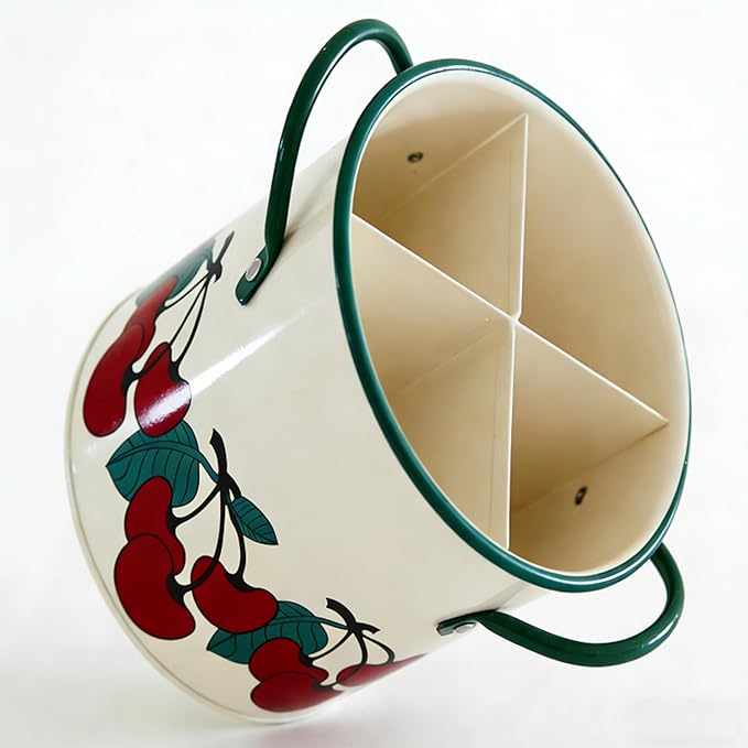 Vintage Utensil Crock - Cherry Kitchen Decor Iron Organizer with Detachable Divider, 4-Compartment Drain Hole Utensil Holder for Vintage Kitchen Utensils & Accessories