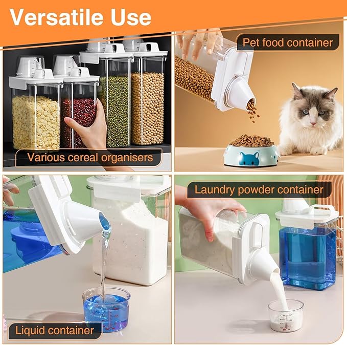 6-Piece Airtight Food Storage Container Set with Measuring Cup, Cereal Dispenser with Pouring Spout for Rice, Flour, Grain, Pet Food, 1800ml and 2300ml
