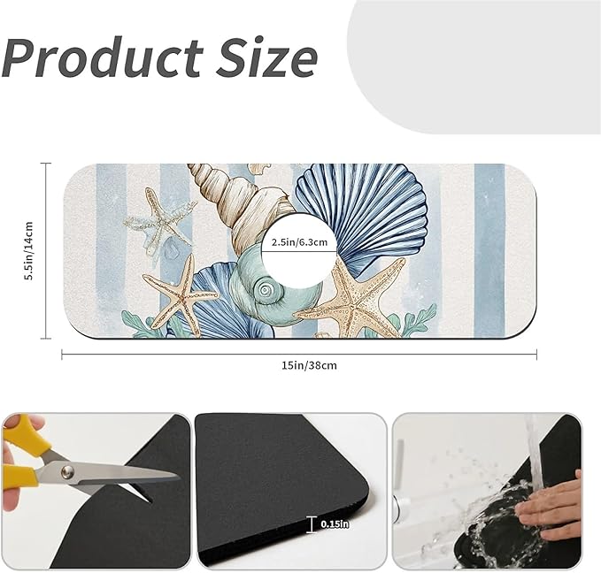 Kitchen Sink Splash Guard，art seashells starfish Faucet Mat Sink Gadgets-Super Absorbent Fast Drying Mat Drip Catcher for Kitchen, Bathroom,Sink Mat, Dish Drying Mat, Bathroom(15" X 5.5" )