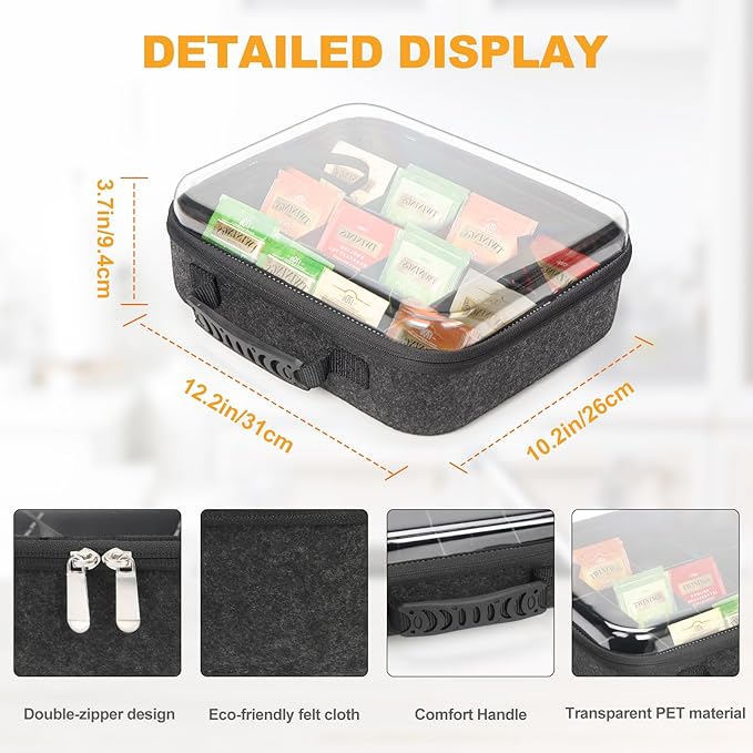 Sock Tie Storage Organizer Box with Clear Lid, 12 Compartment Removable Divided Drawer Organizer for Tea Bag and Threads, Eco-Friendly Felt Case, Gift for Men & Women