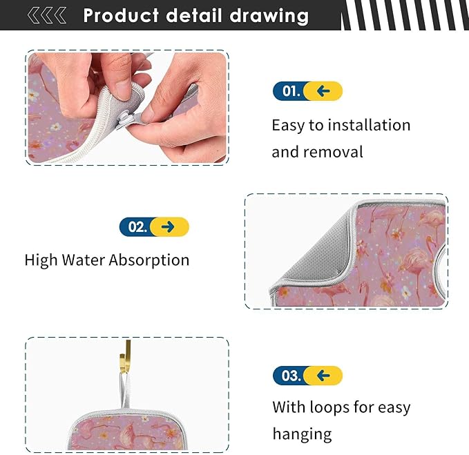 2 PCS Kitchen Sink Splash Guard 14.9 Inch Faucet Mat for Kitchen Sink Bathroom Sink Faucet Absorbing Drip Drain Mat Pad Microfiber Soft Washable Black and Pink Flamingo Petals