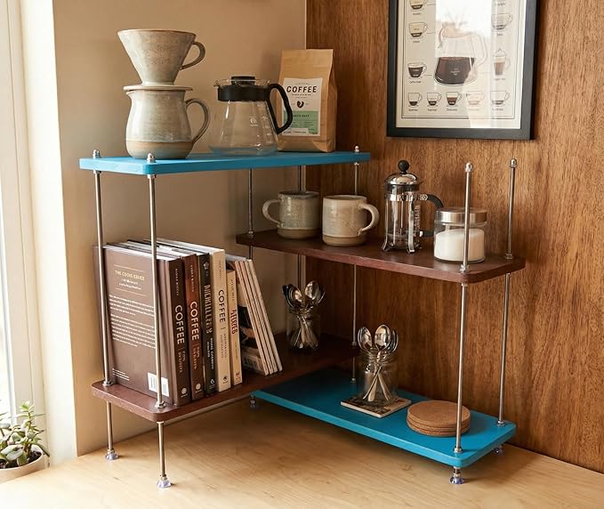 VINIUSIKI DIY Hight-Adjustable 4 Tier L-Shaped Countertop Shelf Organizer, Kitchen Spice Rack for Countertop, Wood Coffee Counter Shelf Organizer for Home - 15.7"x15.7"x16.14" (LxWxH)