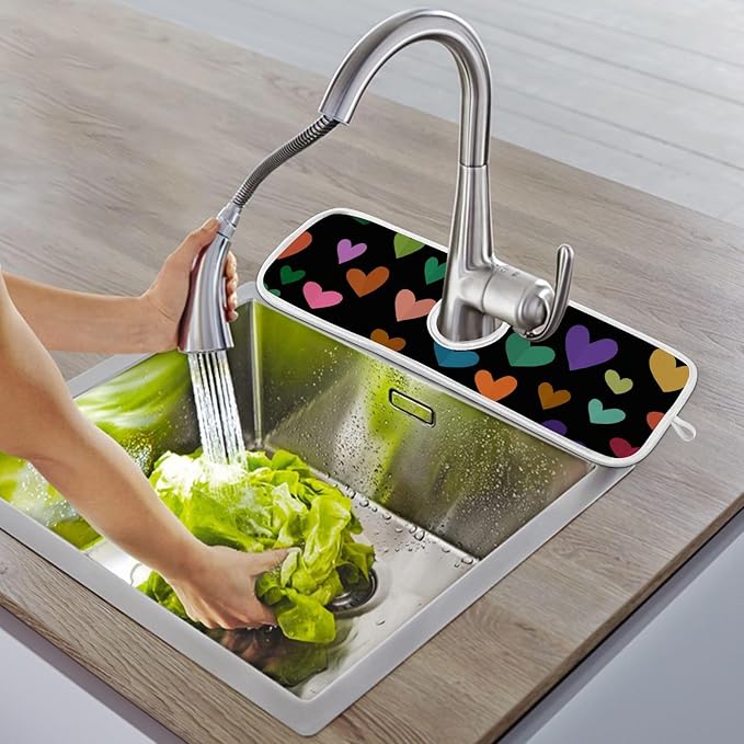 2 PCS Kitchen Sink Splash Guard 23.6 Inch Faucet Mat for Kitchen Sink Bathroom Sink Faucet Absorbing Drip Drain Mat Pad Microfiber Soft Washable Valentine Purple Colorful Hearts