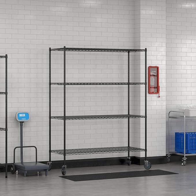 Commercial NSF Listed Black Epoxy Mobile Wire Shelving Kit 24" x 60" x 80", with 4 Shelves Perfect for Warehouse, Walk-in Refrigerator, Freezer, Grocery Store, Restaurant, Dishroom