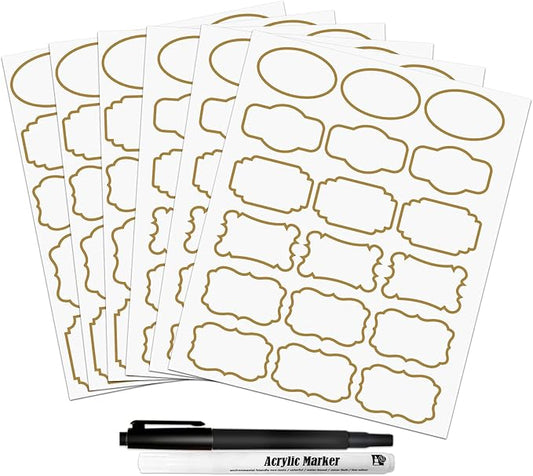 Kitchen Pantry Food Containers Clear Labels with Gold Border, 93 Waterproof Removable Write-on Sticker Labels Tags to Organize Spice Jars Condiment Flour Sugar Canisters Storage Bins, Free 2 Markers