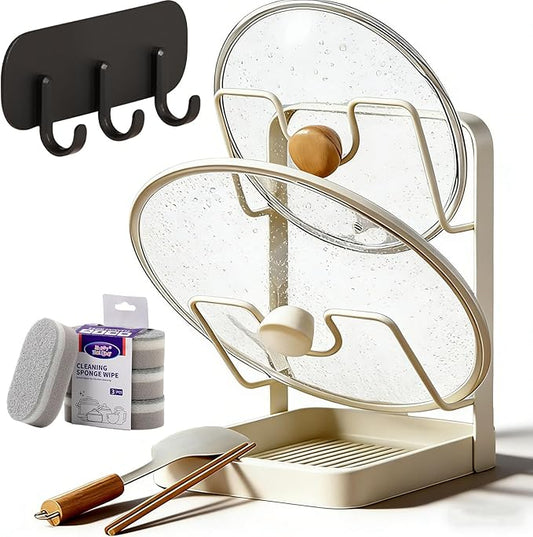 Kitchen Pot Lid Storage Rack, Pot Lid Holder While Cooking, Lid and Spoon Rest, Pot Lids Organizer, Multifunctional Kitchen Organizer Stand for Stove Top (Beige, Double-layer)