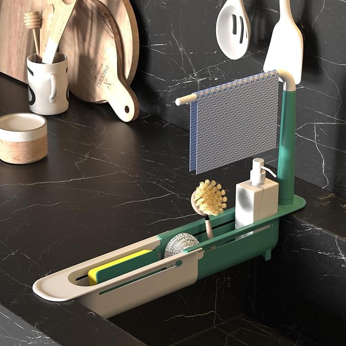 Telescopic Sink Storage Rack Adjustable with 2 Sponge - Sink Caddy Sponge Holder for kitchen sink(Green)