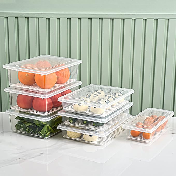 Yiautao Food Storage Container, Plastic Food Containers with Removable Drain Plate and Lid, Stackable Portable Freezer Storage Containers - Tray to Keep Fruits, Vegetables, Meat (X-Large(4PCS))
