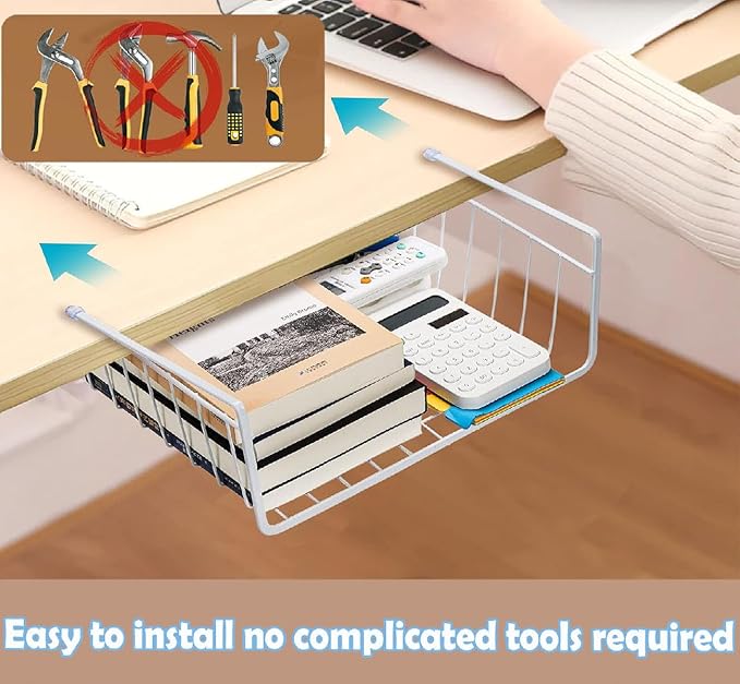 Under Shelf Storage - 2 Pack Under Cabinet Hanging Storage Organizer Metal White for Kitchen Pantry Desk Bookshelf