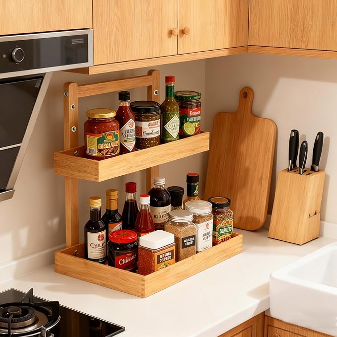 2-Tier Under Sink Pull Out Organizer, Bamboo Cabinet Storage Shelf with Adjustable Height, 9 Inch White Slide Out for Kitchen Bathroom Pantry