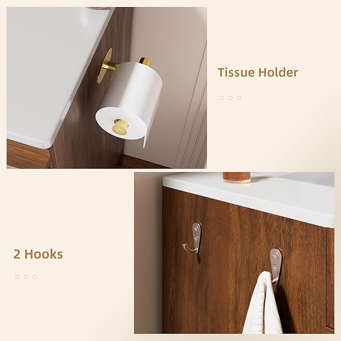 VNN 36 Inch Bathroom Vanity with Ceramic Sink - Freestanding Modern Bathroom Storage Vanity Cabinet with Fluted Design, Soft-Close Doors, Shelves, Toilet Paper Holder & Towel Hooks, Walnut