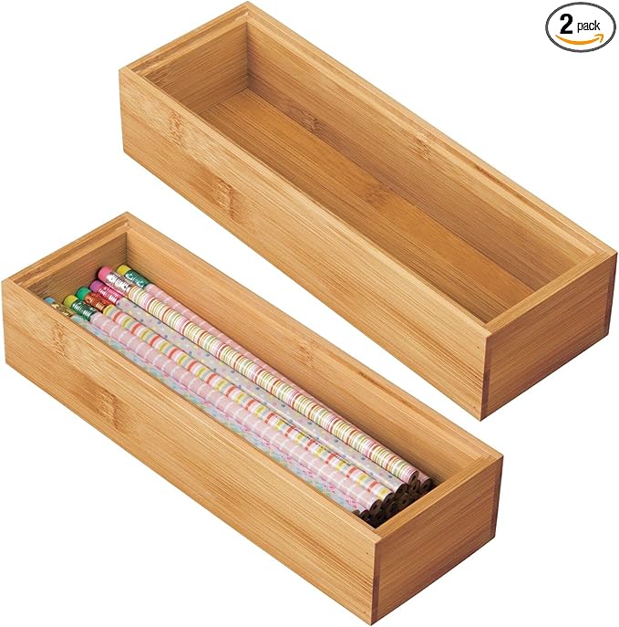 mDesign Wooden Bamboo Office Drawer Organizer Box Tray, Stackable Storage for Drawers, Cabinets, Shelves, Cubby, or Desktop, Hold Pens, Pencils, Supplies, Echo Collection, 2 Pack, Natural Wood Finish