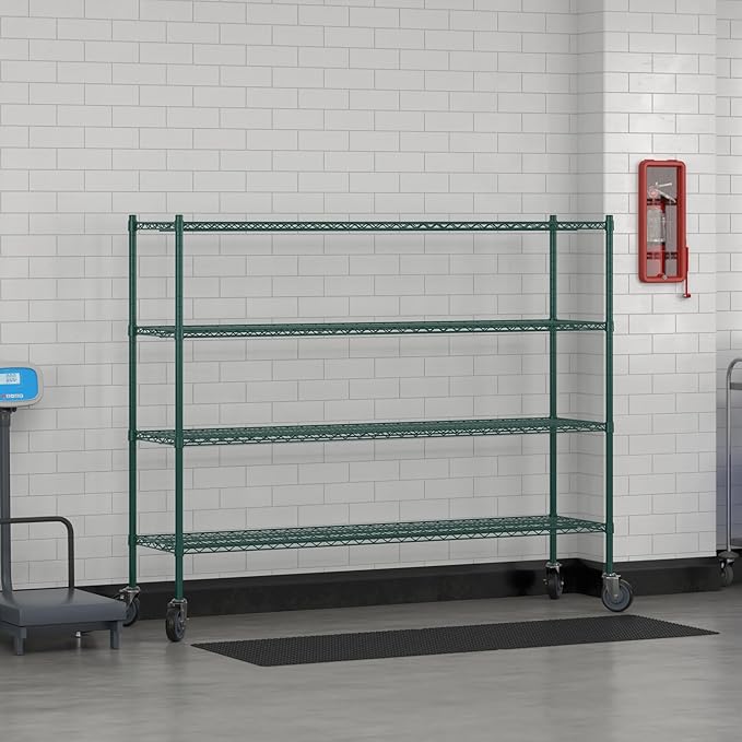 Commercial NSF Listed Green Epoxy Mobile Wire Shelving Kit 18" x 72" x 60", with 4 Shelves Perfect for Warehouse, Walk-in Refrigerator, Freezer, Grocery Store, Restaurant, Dishroom