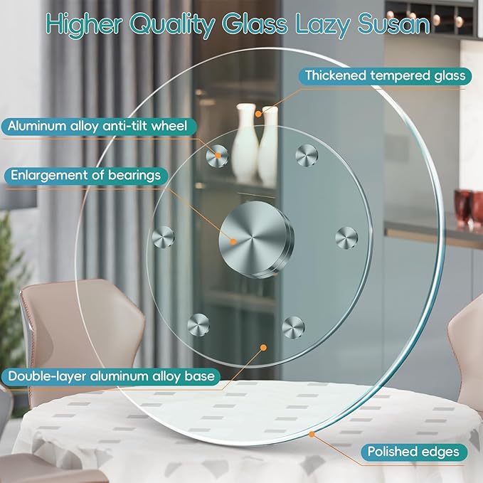 20" Large Lazy Susan for Dining Table Kitchen Glass Turntable with Aluminum Alloy Bearing, Smooth Swivel