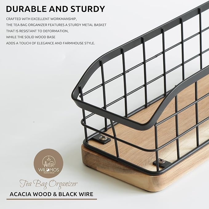 Tea Bag Organizer,Iron Wire Basket with Wooden Base.Tea Storage Containers with 3 Slots,Sugar Packet,Tea Bar Accessories for Countertop Cabinet Drawer. (WOOD,VERTICAL)