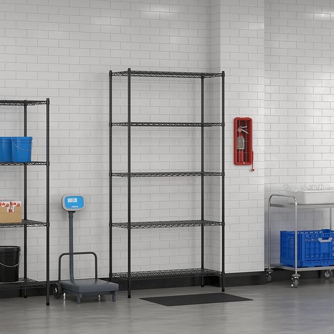 Commercial NSF Listed Black Epoxy Stationary Wire Shelving Kit 18" x 42" x 86", with 5 Shelves Perfect for Warehouse, Walk-in Refrigerator, Freezer, Grocery Store, Restaurant, Dishroom
