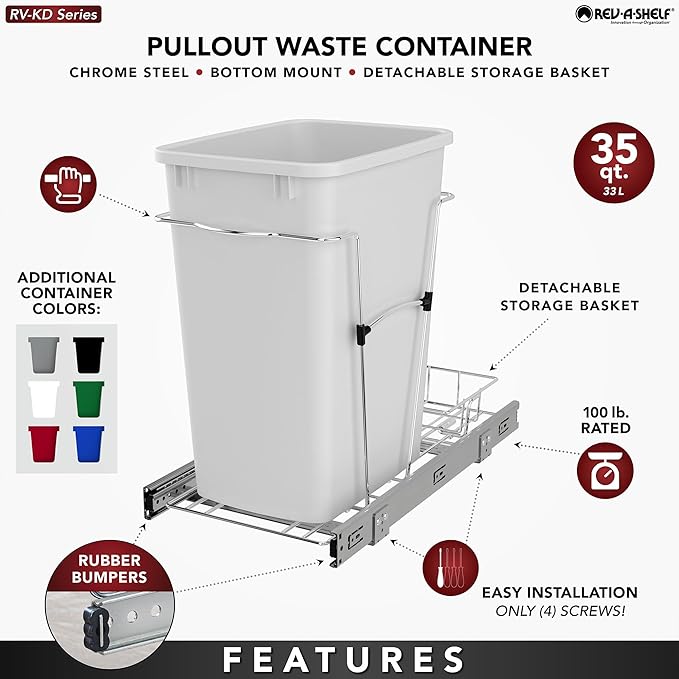Rev-A-Shelf Pullout Trash Can for Kitchen Cabinets 35 Qt Garbage Waste Recycling Bin with Full Extension Slides, Black, RV-12KD-18C S