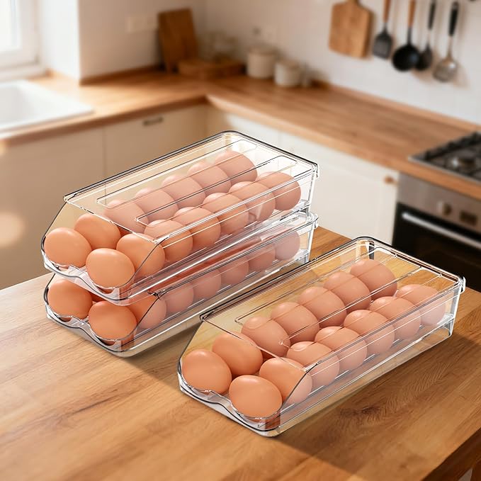 BOBELA Egg Holder for Fridge,Automatic Rolling Egg Container for Refrigerator,Clear Stackable Egg Organizer with Removable Lid for Fridge Organizers and Storage,3 pack