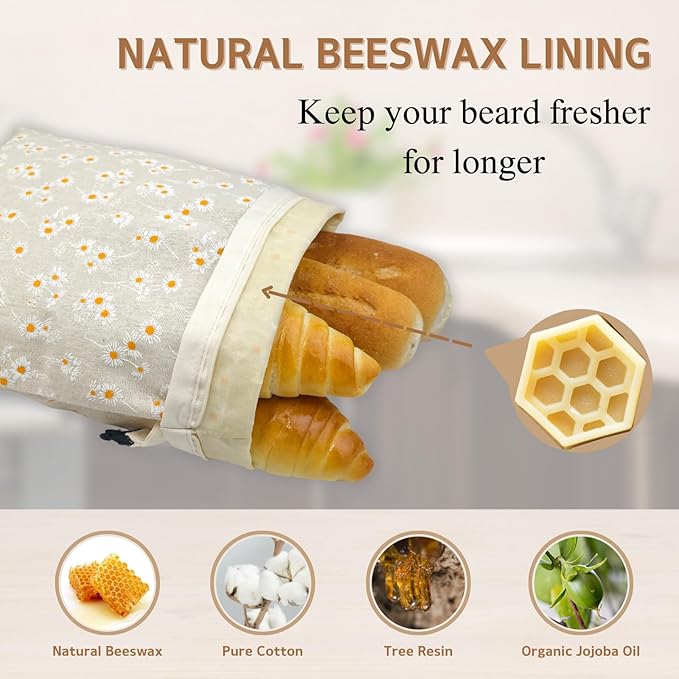 2 Pack Beeswax Bread Bags for Homemade Bread with Zipper, Large 13x17'' Reusable Beeswax Sourdough Bread Storage Bag, Keep Loaves Fresh Longer, Freezer Safe & Airtight, Natural, Zero Waste