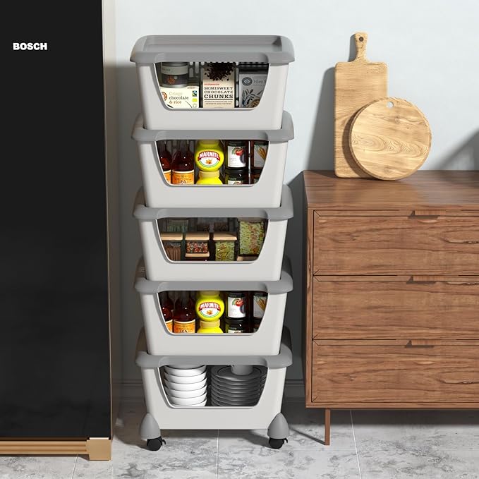 Plastic Open Stacking Storage Bins, 5 Tiers Large Kitchen Stackable Organizer Baskets with Wheels, Grey