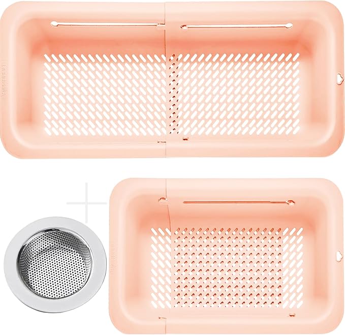 LASSHSWA Collapsible Colander and Strainer for Kitchen, Over the Sink Strainer Basket for Kitchen, Fruit Pasta Food Strainer Expandable Plastic Colander (Orange Pink)