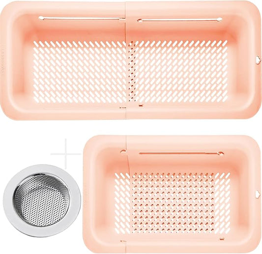 LASSHSWA Collapsible Colander and Strainer for Kitchen, Over the Sink Strainer Basket for Kitchen, Fruit Pasta Food Strainer Expandable Plastic Colander (Orange Pink)