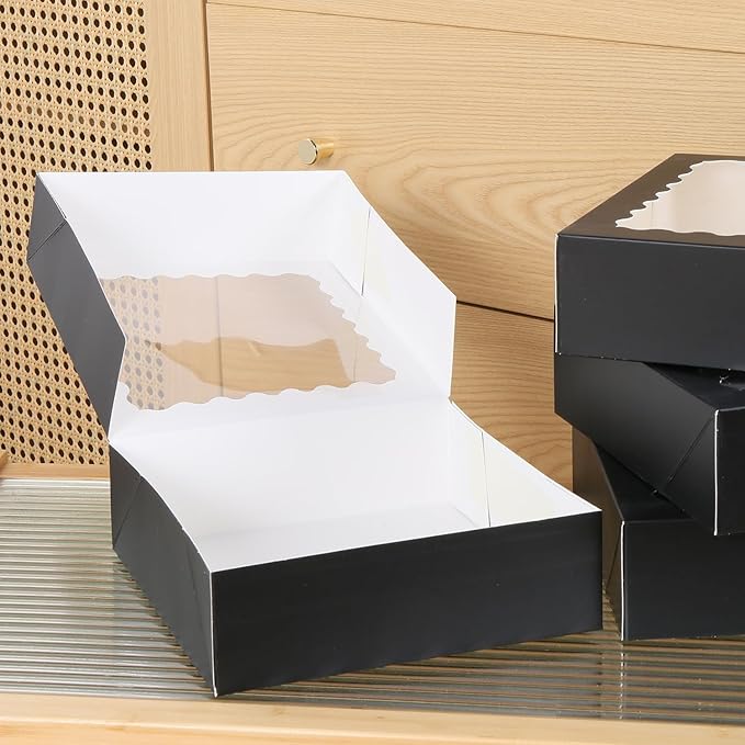 50 pcs 8x8x2.5 Inches Bakery Boxes with Window, Cake Pastry Cookie Mini Pie Box for Pastry,Dessert,Strawberries,Chocolates(Black)