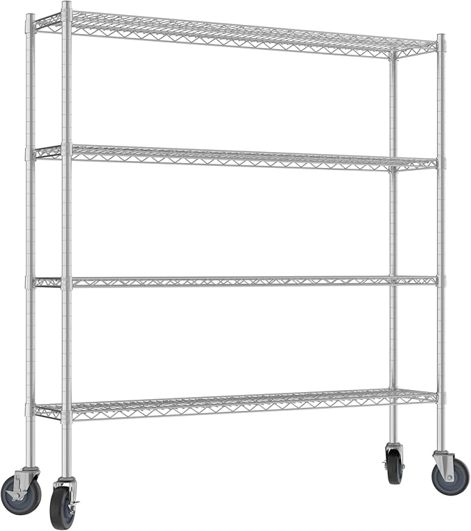 Commercial NSF Listed Chrome Mobile Wire Shelving Kit 12" x 54" x 60", with 4 Shelves Perfect for Warehouse, Walk-in Refrigerator, Freezer, Grocery Store, Restaurant, Dishroom