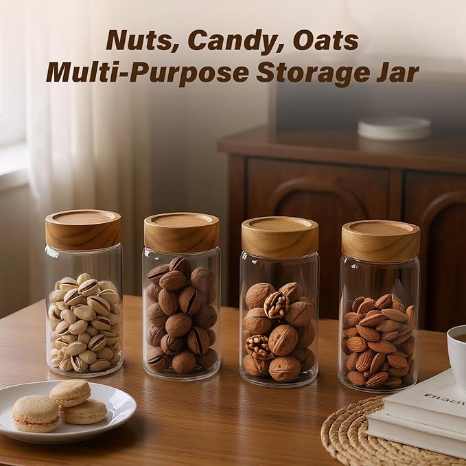 6 -Piece 13 oz Food-Grade Glass Mason Jars with Acacia Wood Lids, Sealable Waterproof, Transparent Easily Stackable for Overnight Oats, Spice Storage & Snack Organizing