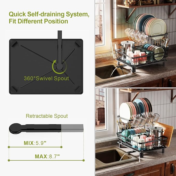 GSlife Dish Drying Rack with Drainboard - Large 2 Tier Dish Rack with 12 Plate Slot, Dish Racks for Kitchen Counter with Utensil Holder Cup Holders Cutting Board Holder, Black