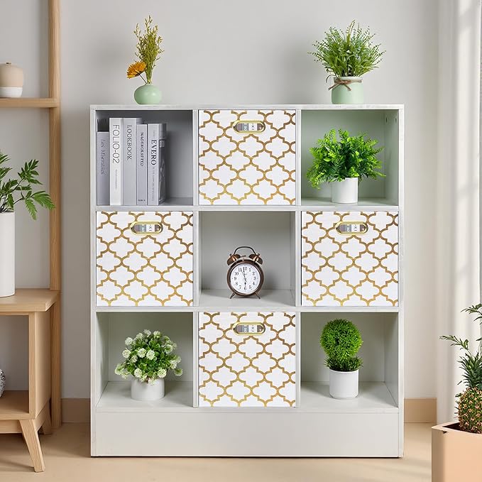 Posprica 13x13x13 Storage Cube Bins, Collapsible Storage Bins Fabric Storage Cubes Organizer Baskets Box Drawers for Shelves, Closet, Wardrobe, Bookshelf, Cabinet, Cream/Gold Lantern, 4 Pack