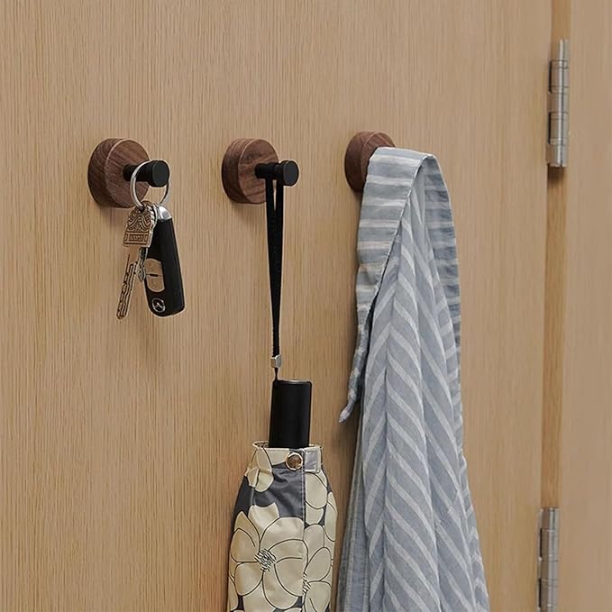 Stacknovo No-Drill Wall Hooks (4-Pack) - Dark Walnut Decorative Adhesive Hooks for Towels, Hats & Robes, Strong Damage-Free Hanging in Bathroom, Kitchen, Bedroom (4, Black)