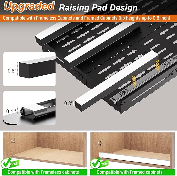 Pull Out Cabinet Organizer, Expandable Width (12"-18") Depth (13"-23") with 3-Slide Rails, No Drill Adhesive Pull Out Drawers for Kitchen and Pantry Cabinets, for Both Lip and Lip-Free Cabinets,Black