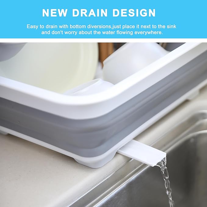 Collapsible Dish Drainer with Drain Plug and Swivel Spout, Space-Saving, Portable Dish Rack for Kitchens, RVs, Campers and Travel Trailers