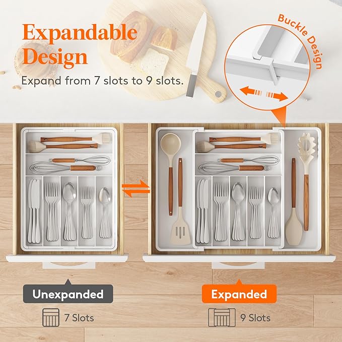 Lifewit Silverware Drawer Organizer, Expandable BPA Free Plastic Utensil Tray for Kitchen, Adjustable Flatware Cutlery Holder for Spoons Forks Knives, 13-22.3 x 16.7", White