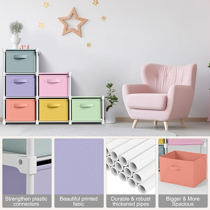 Thyle Large Cube Storage Organizer Shelf with 6 Bins 14 Inch Fabric Collapsible Cubby Storage Drawers Shelving Unit for Christmas Ornaments Clothes Toys Craft(Pastel,Colorful)