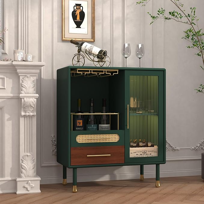 ARTPOWER Modern Coffee Bar Cabinet with Wine Glass Rack and Drawers, Green Liquor Cabinet with Pull-Out Wine Storage for Kitchen, Dining Room, Living Room