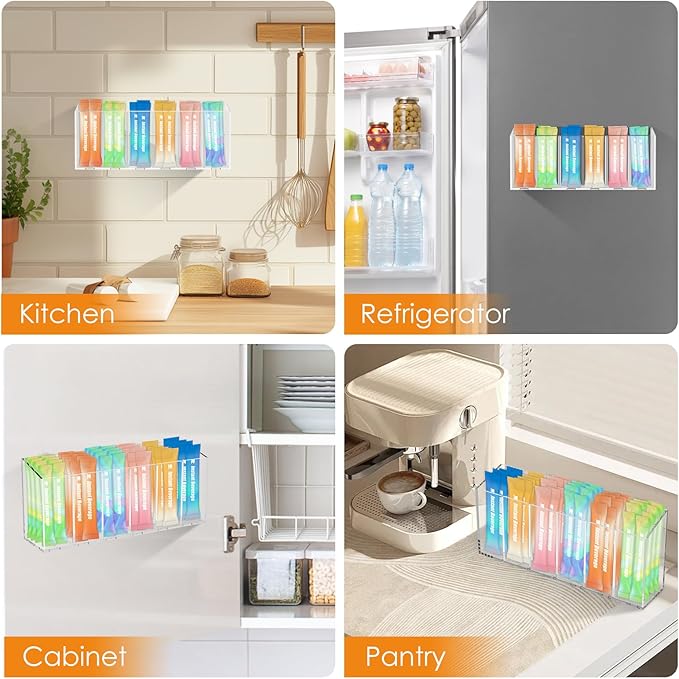 Drink Packet Organizer for Fridge, Magnetic Water Packet Organizer with Removable Divider & 6 Compartment, Drink Holder for Kitchen Pantry Cabinet Fridge