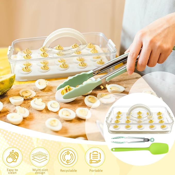 Egg Holder for Fridge,20 Deviled Egg Containers with Lid & Handle PET Thickened Eggs Organizer for Refrigerator Inc Egg Slicer,Kitchen Tongs,Silicone Spatula,Piping Decorating Kit