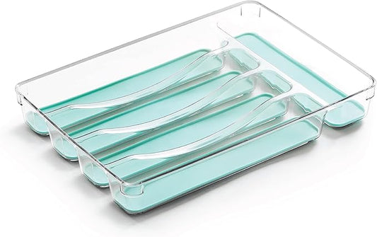 BINO 5-Slot Silverware Organizer for Drawer | Plastic Utensil Organizer for Kitchen Drawers | Silverware Tray for Drawer Organization | Utensil Kitchen Drawer Organizer w/Grip Lining (Aqua)