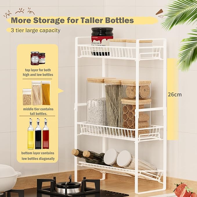 Spice Rack Countertop 3 Tier Narrow Slim Seasoning Storage Rack Metal Spice Shelf Stand Skincare Organiser for Bathroom Counter