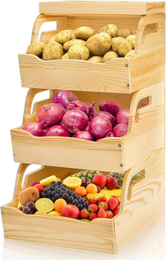 Wood Potato Onion Storage Bin, Stackable Pantry Organizer, Open Front Kitchen Produce Storage with Anti-slip Mat, 3 Tier Countertop Snack Food Container for Fruit Vegetable Bread, Set of 3